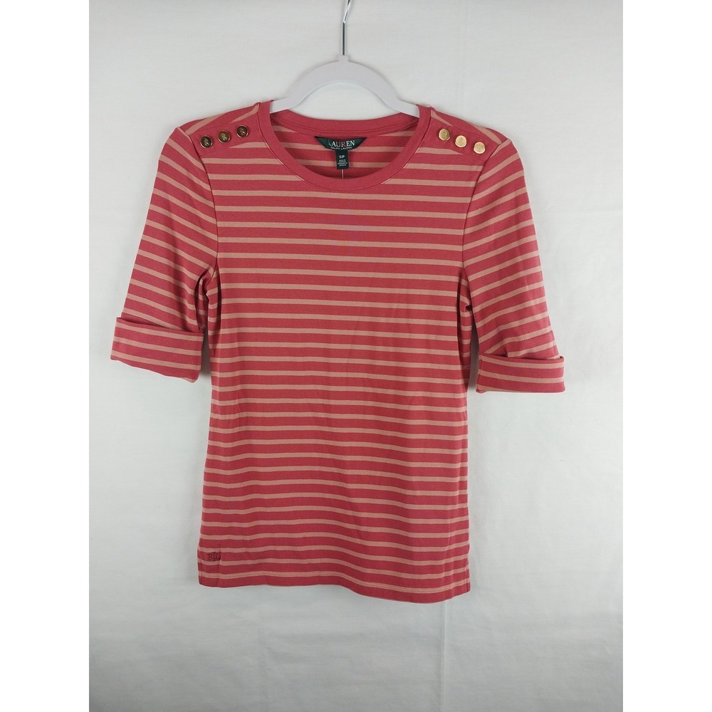 Lauren Ralph Lauren Shirt Womens Small Pink Stripe Button Shoulder Tee Top